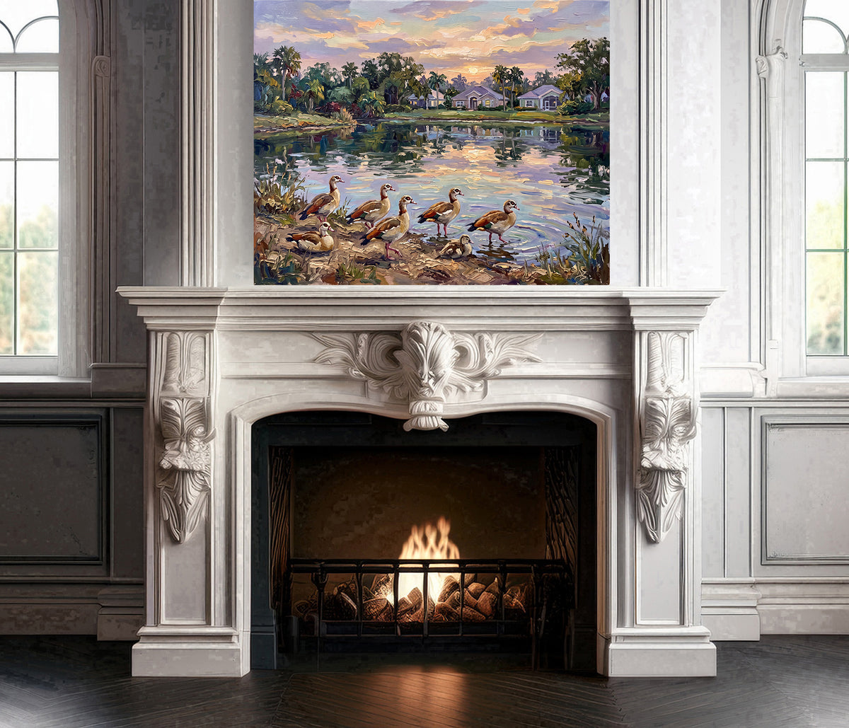 Golden Hour Gathering – Egyptian Geese by the Pond | Canvas or Paper Art Print