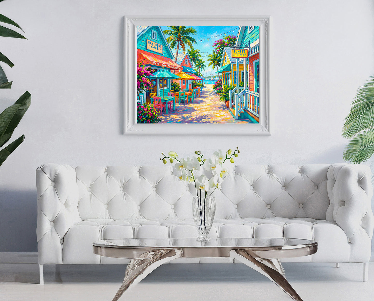 Key West Cafe Open Air Seating Street Scene | Canvas or Paper Art Print