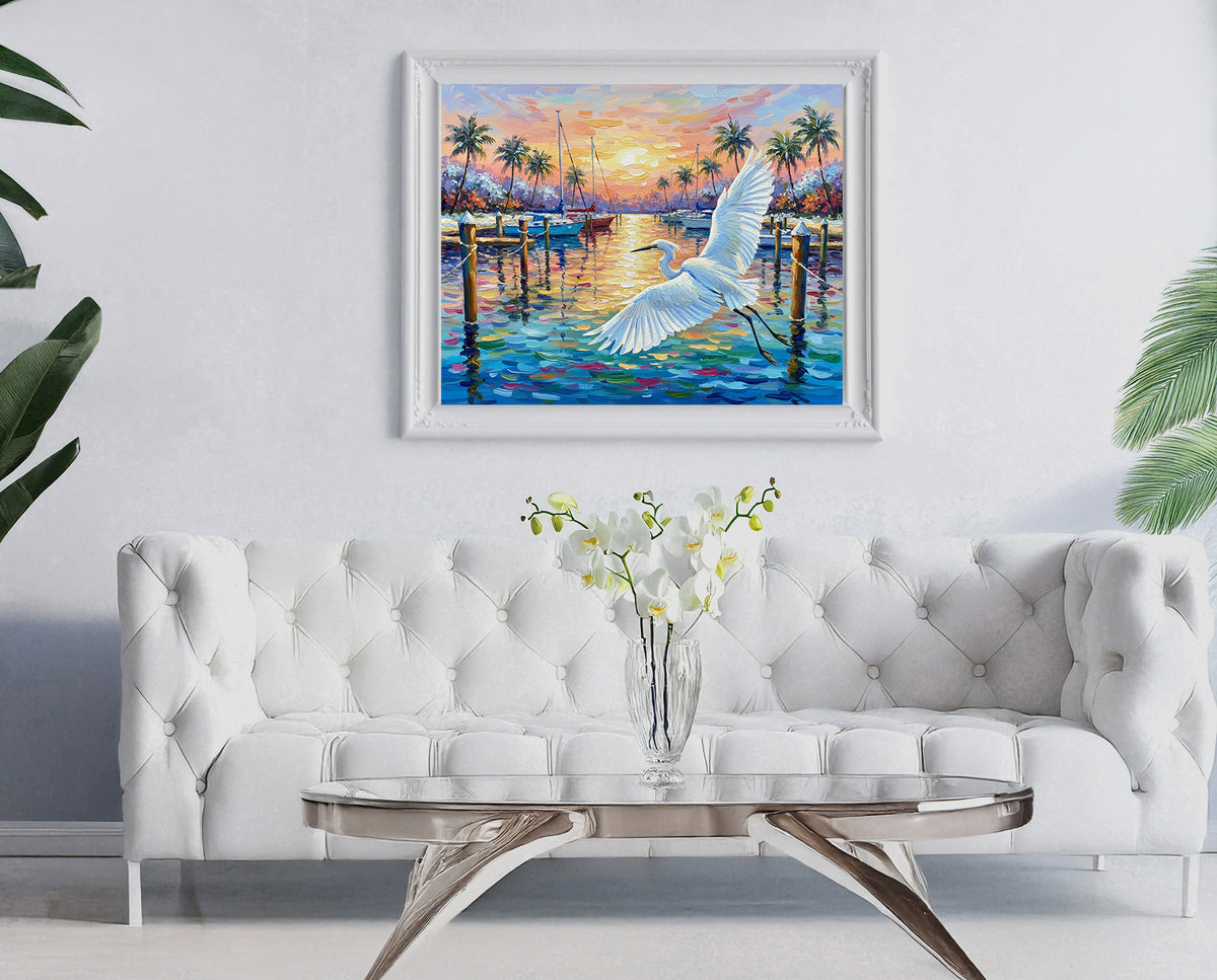 Great Egret Marina Sunset Fine Art Print | Florida Coastal Wildlife Art | Canvas or Paper