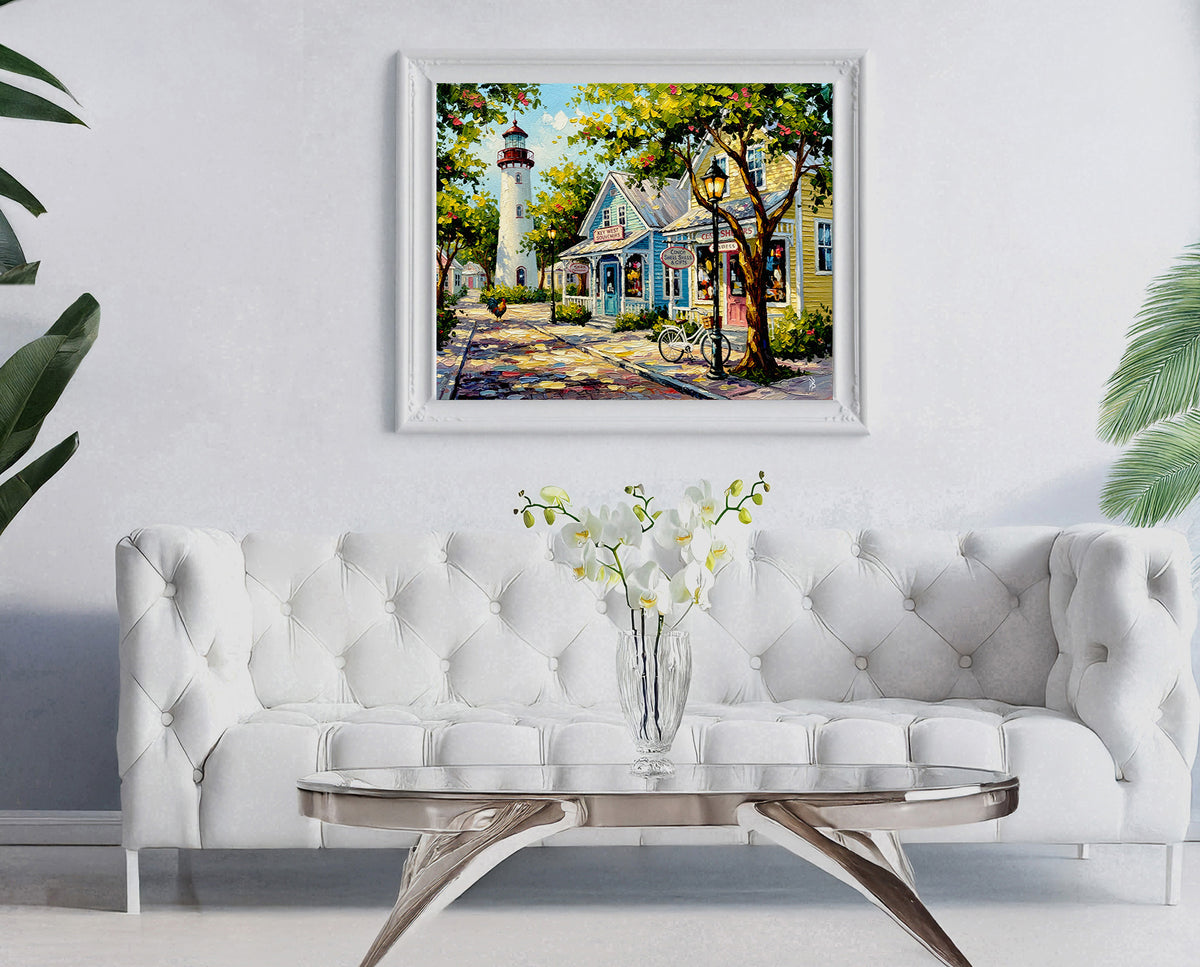 Key West Lighthouse & Colorful Shops | Canvas or Paper Art Print