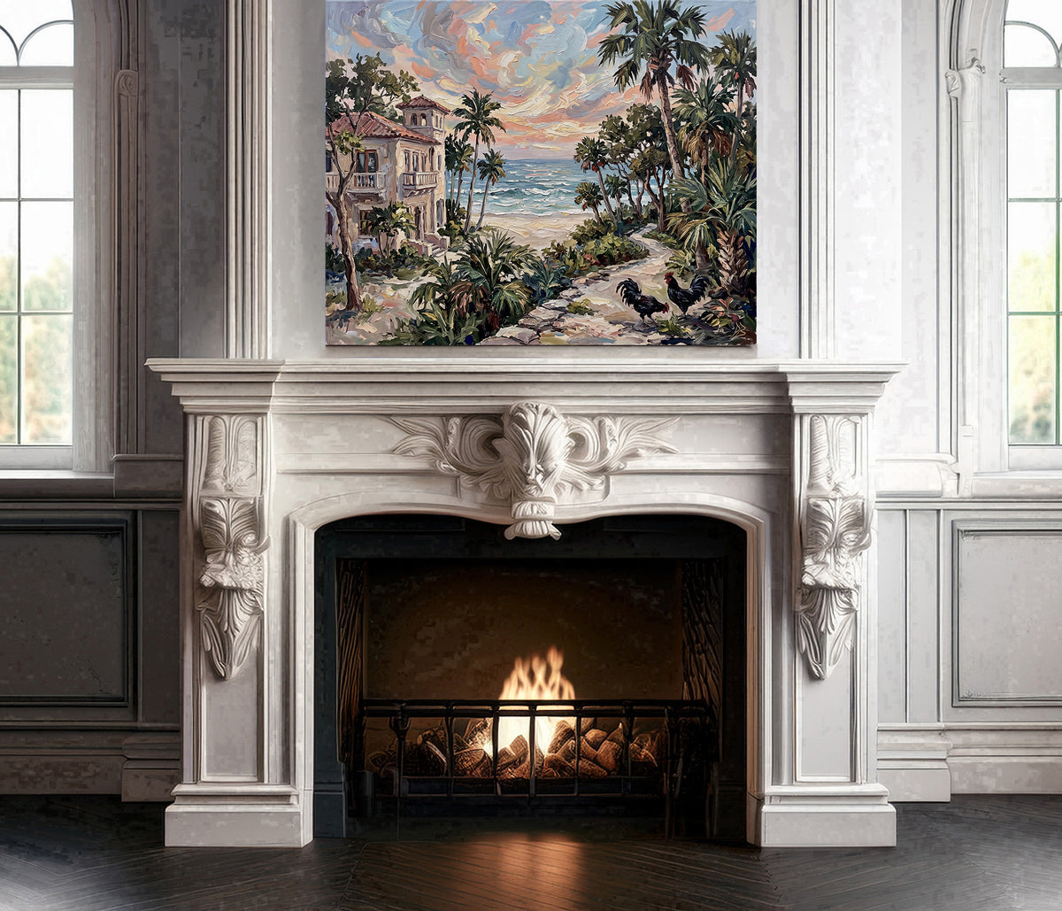 Where the Palms Meet the Sea – Key West Coastal House & Roosters | Canvas or Paper Art Print