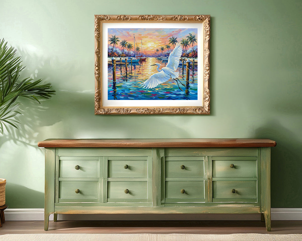 Great Egret Marina Sunset Fine Art Print | Florida Coastal Wildlife Art | Canvas or Paper