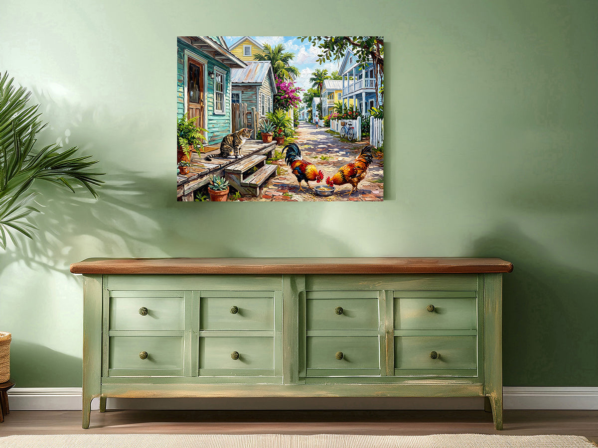 Key West Rooster on Duval Street | Colorful Conch Cottages Art Print