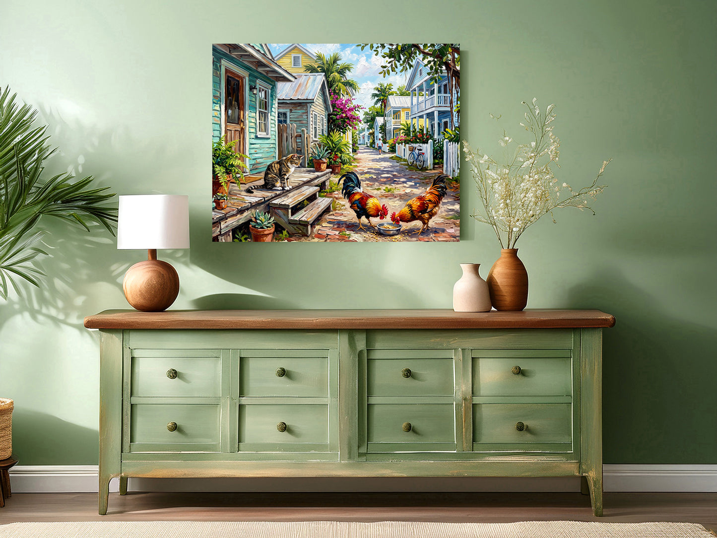 Key West Homes and Roosters Print: Canvas or Paper