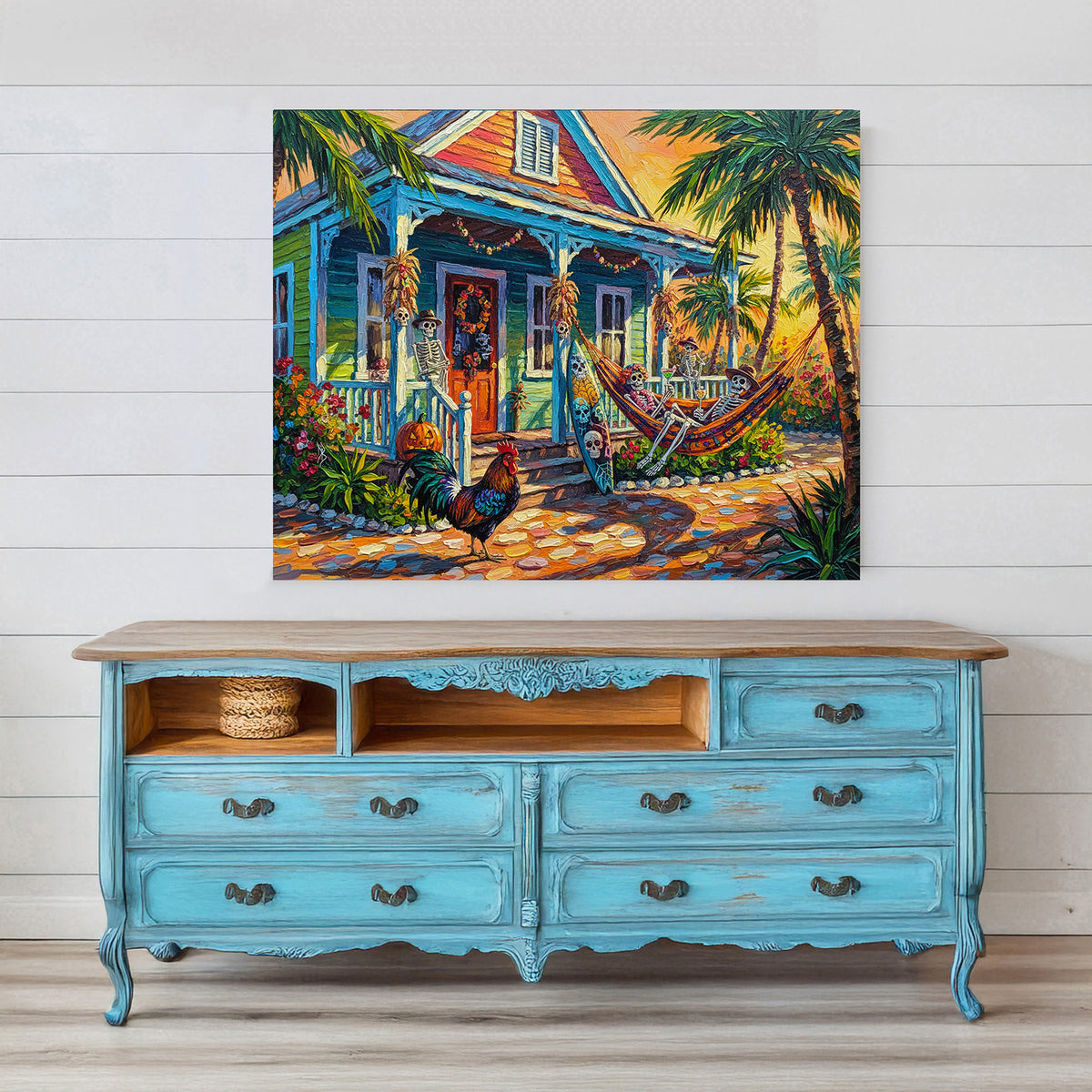 Key West Halloween Skeleton Conch Cottage with Rooster | Canvas or Paper Art Print