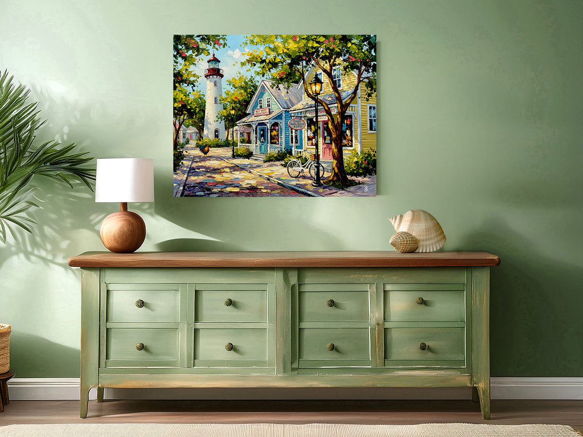 Key West Lighthouse & Colorful Shops | Canvas or Paper Art Print