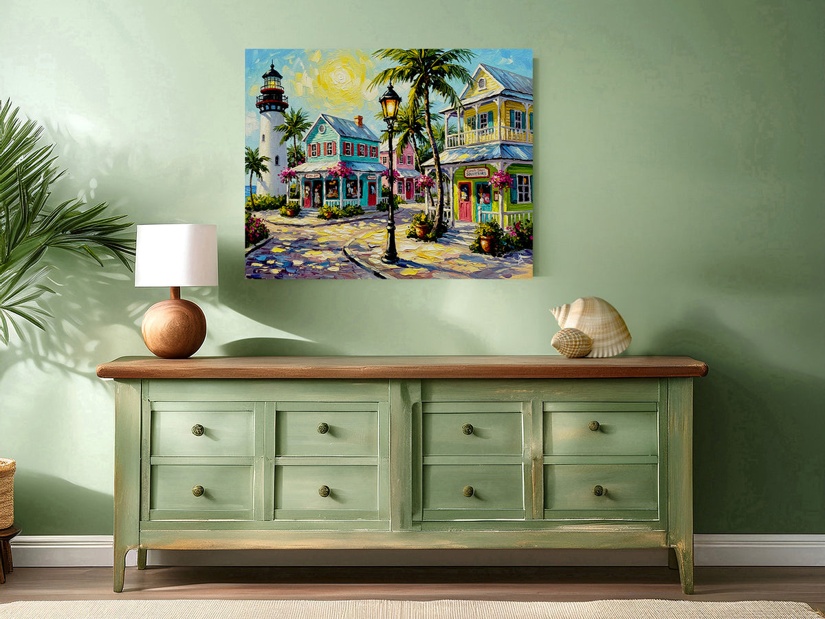 Key West Lighthouse & Pastel Conch Cottages | Canvas or Paper Art Print
