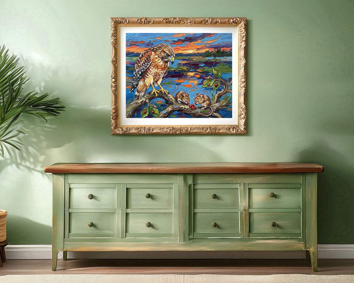 Hawk & Two Mice at Sunset | Canvas or Paper Wildlife Art Print
