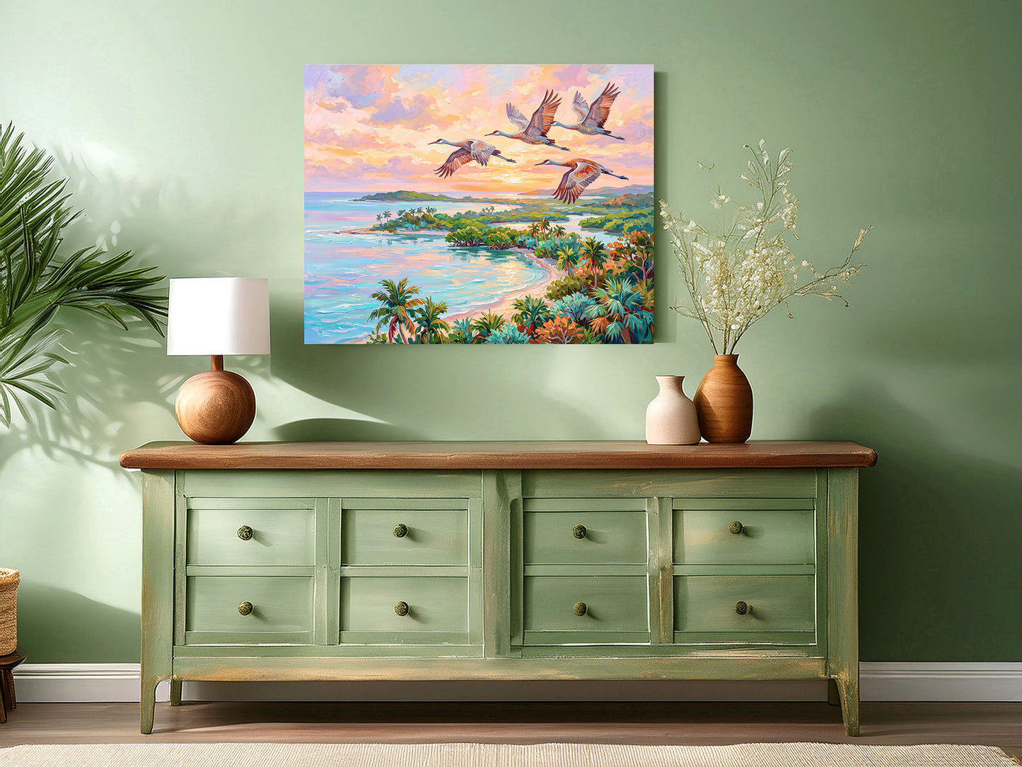 Flamingos Flying Over Blue Waters Coastal Tropical Landscape Vibrant Print