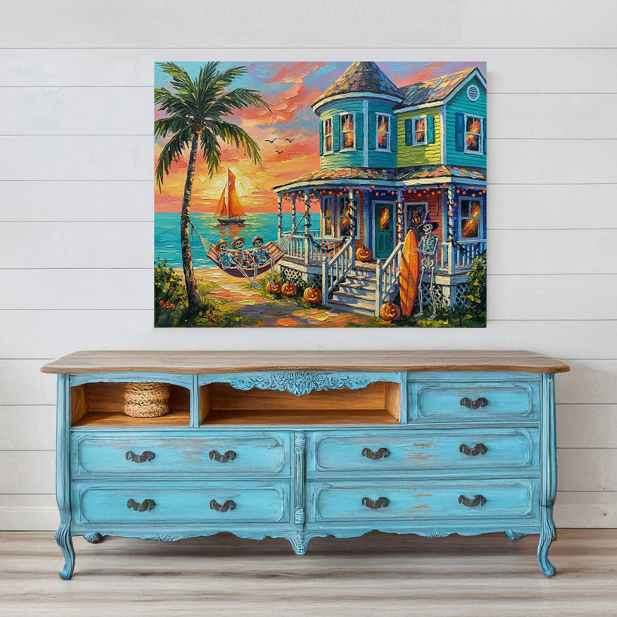Key West Halloween Skeleton Beach Cottage Sunset | Canvas or Paper Art Print