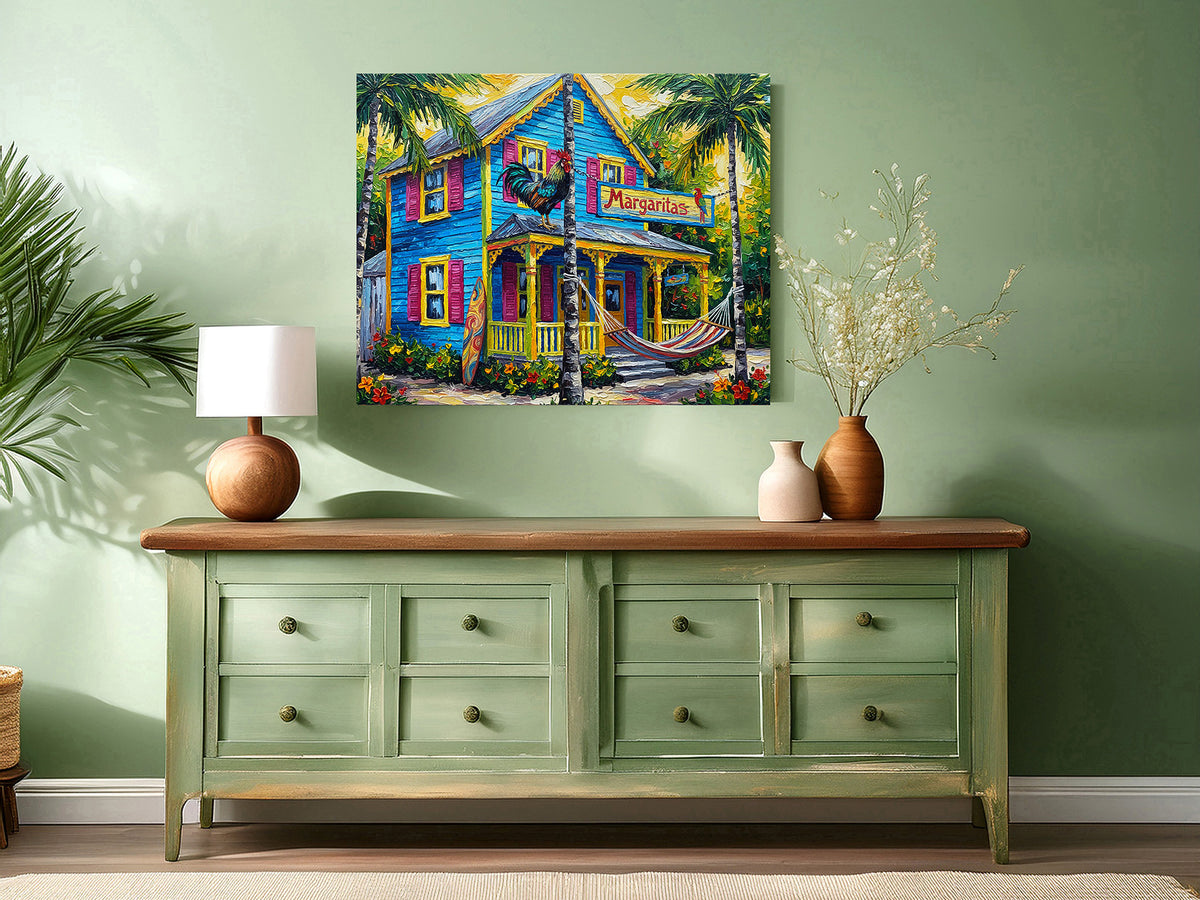 Margaritas Key West Conch House with Rooster & Hammock | Canvas or Paper Art Print