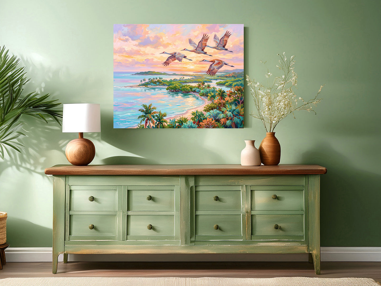 Flamingos Flying Over Blue Waters Coastal Tropical Landscape Vibrant Print