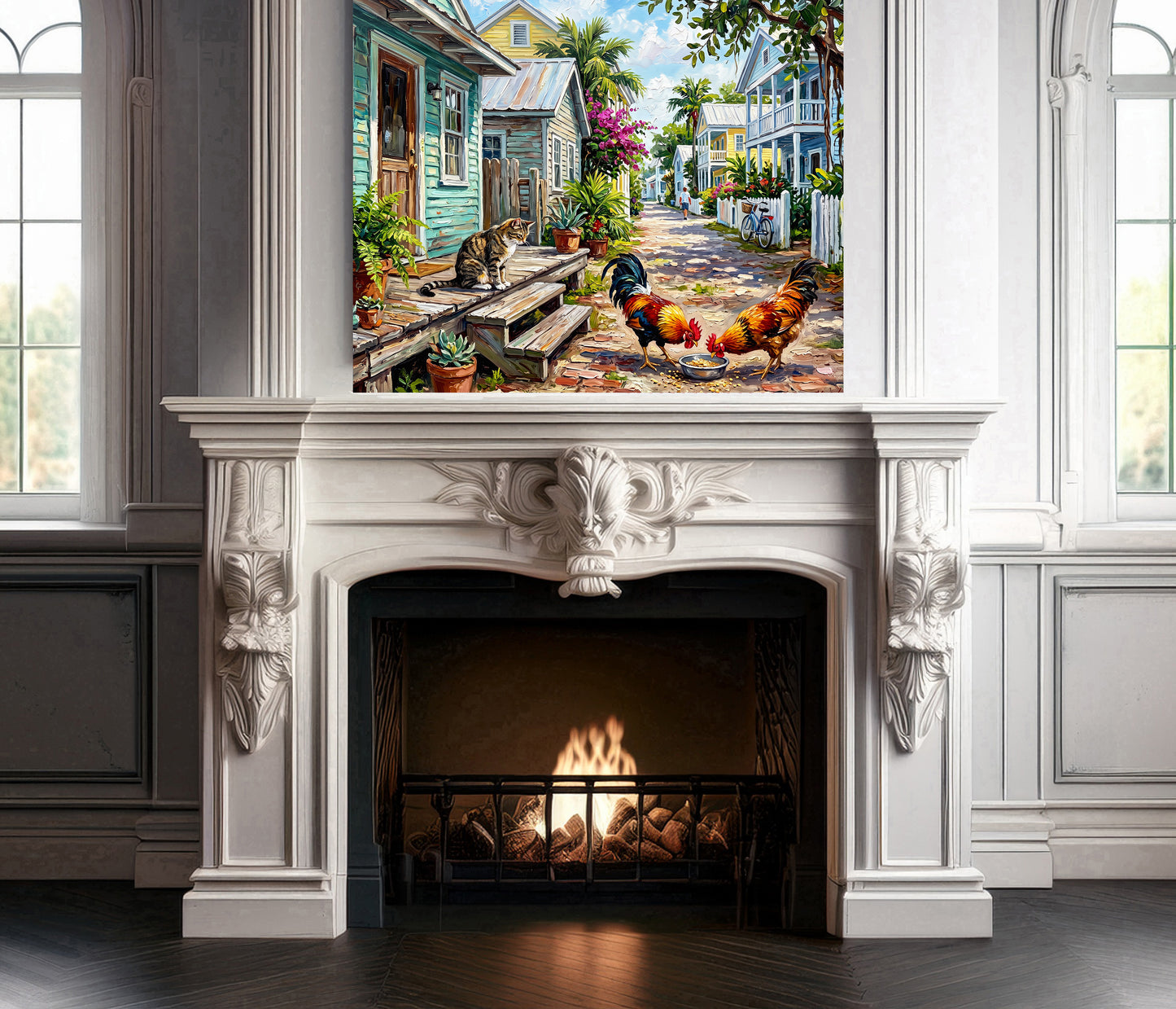 Key West Homes and Roosters Print: Canvas or Paper