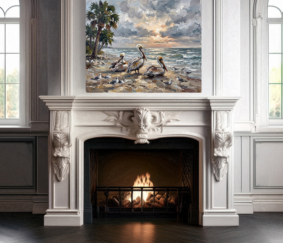 Pelicans at Sunset on a Palm-Lined Beach | Canvas or Paper Art Print