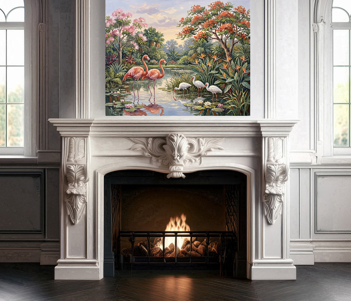 Wading in Paradise – Flamingos & White Ibis | Canvas or Paper Art Print