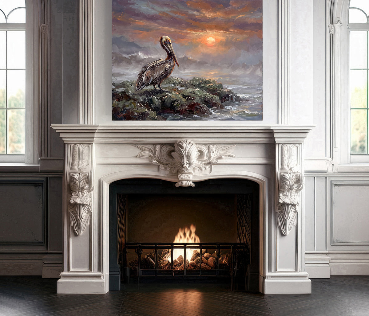 Keeper of the Evening Tide – Pelican at Sunset | Canvas or Paper Art Print