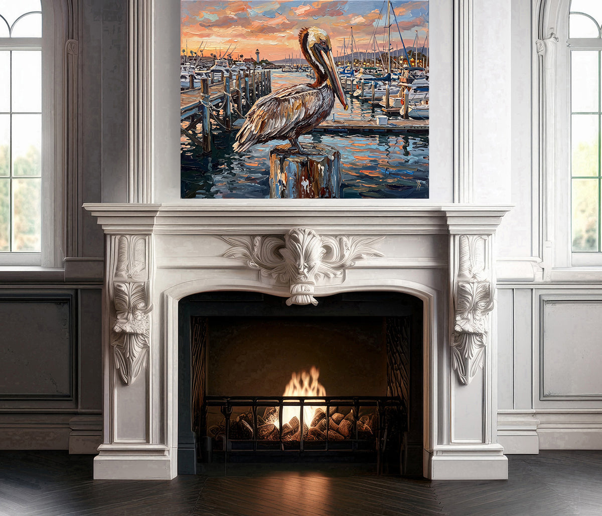 The Harbor Lookout – Pelican at Sunset Marina | Canvas or Paper Art Print