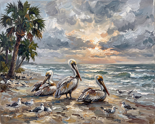 Pelicans at Sunset on a Palm-Lined Beach | Canvas or Paper Art Print
