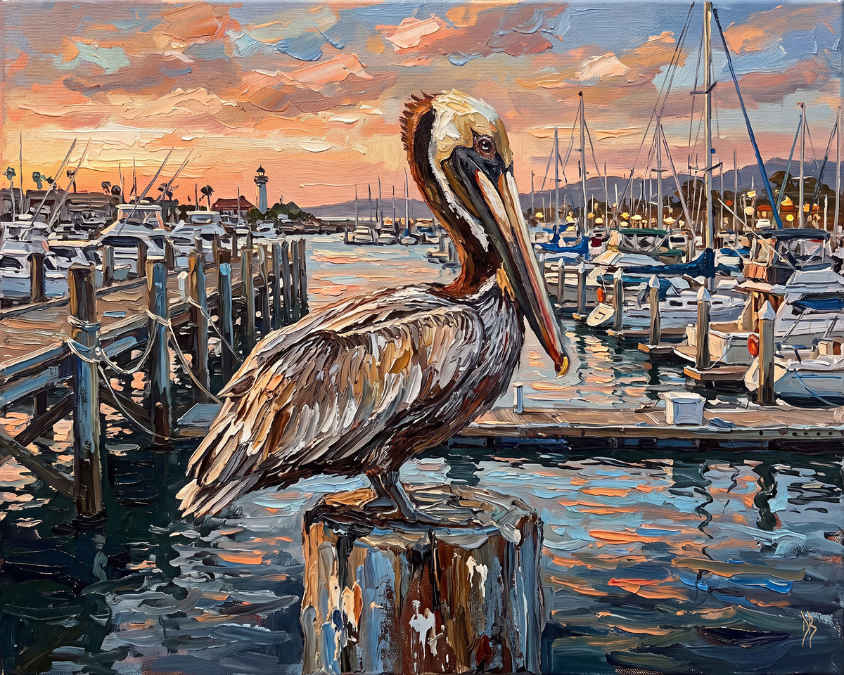 The Harbor Lookout – Pelican at Sunset Marina | Canvas or Paper Art Print