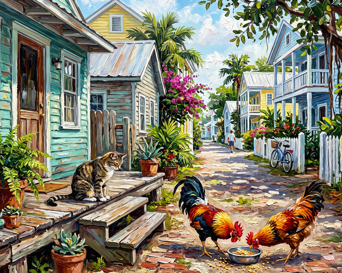 Key West Homes and Roosters Print: Canvas or Paper