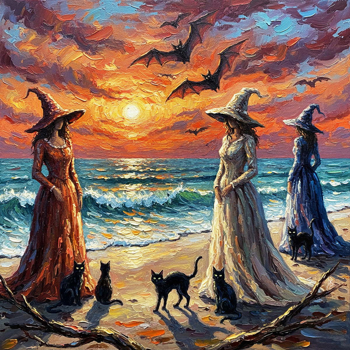 Florida Keys Halloween Witches Beach Ceramic Art Tile | Three Witches at Sunset