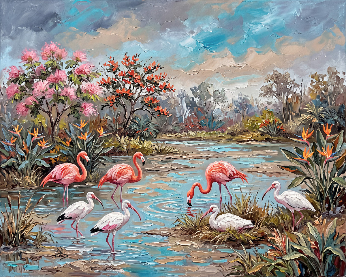 Flamingos & White Ibis in a Tropical Lagoon | Canvas or Paper Art Print