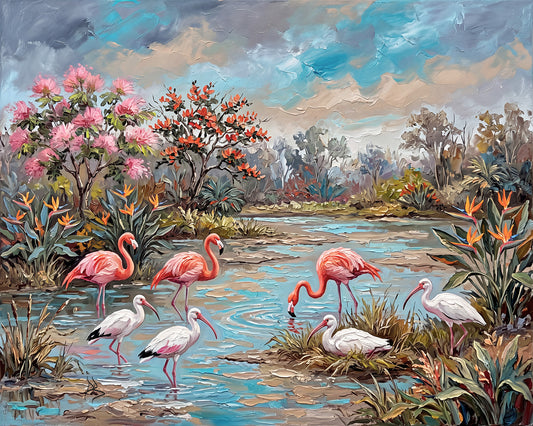 Flamingos & White Ibis in a Tropical Lagoon | Canvas or Paper Art Print