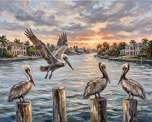 Coming in for Sunset – Pelicans on the Waterway | Canvas or Paper Art Print