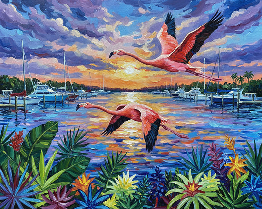 Flamingos Over Florida Marina Sunset Fine Art Print | Tropical Wildlife Art | Canvas or Paper