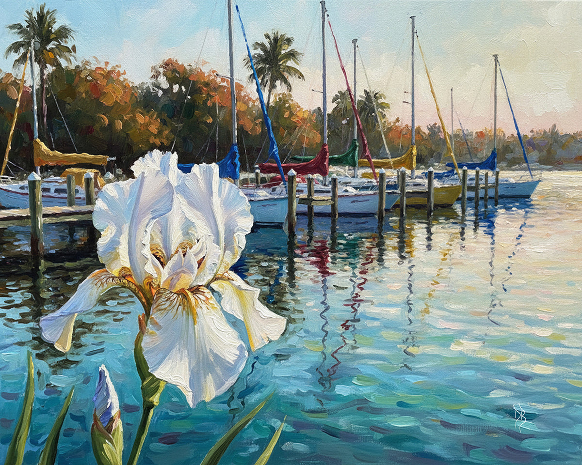 White Iris & Sailboats Florida Marina Fine Art Print | Floral Coastal Art | Canvas or Paper