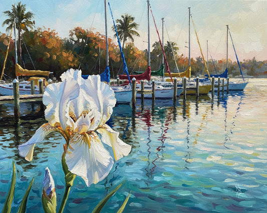 White Iris & Sailboats Florida Marina Fine Art Print | Floral Coastal Art | Canvas or Paper