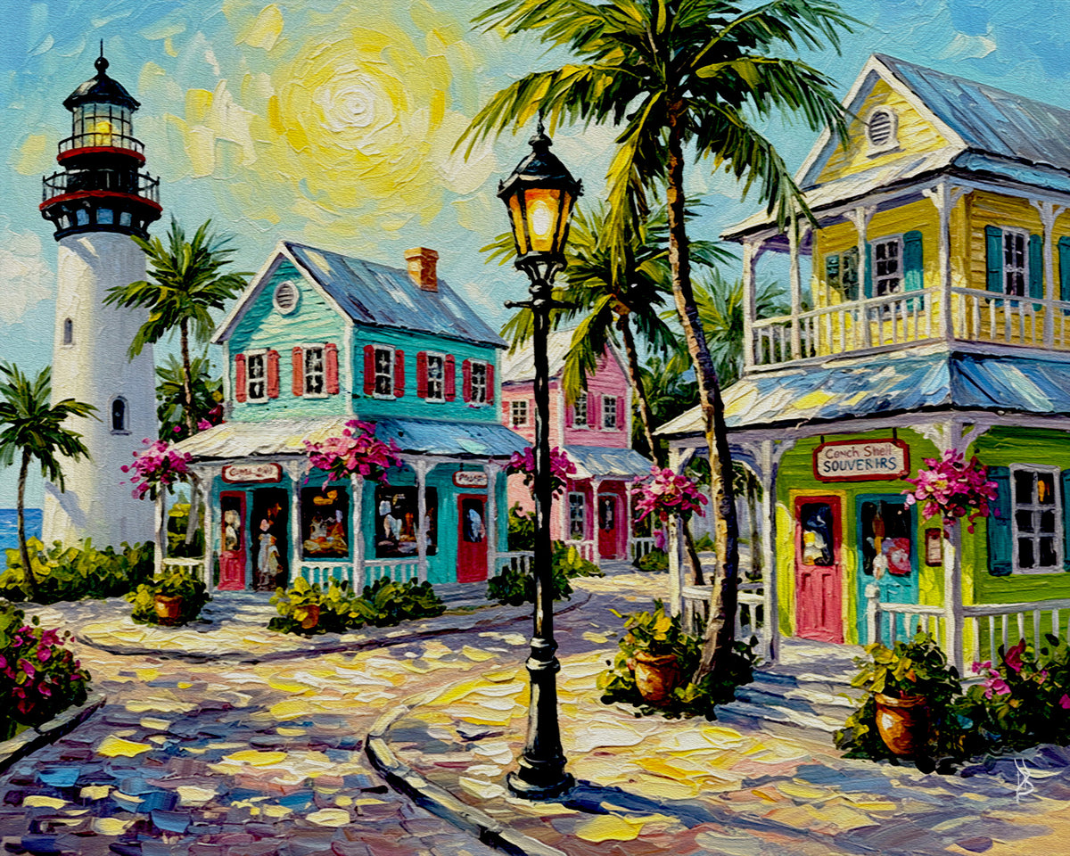 Key West Lighthouse & Pastel Conch Cottages | Canvas or Paper Art Print