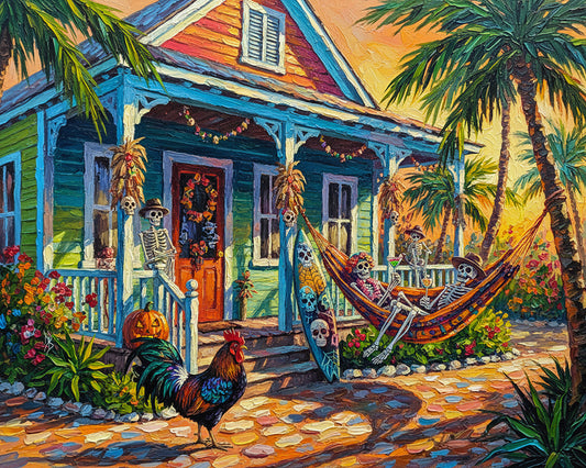 Key West Halloween Skeleton Conch Cottage with Rooster | Canvas or Paper Art Print
