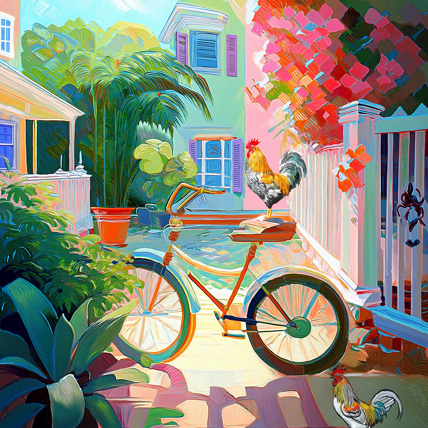 Key West Courtyard Roosters & Bicycle Ceramic Art Tile