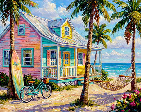 Key West Colorful Conch Cottage with Bicycle & Hammock | Canvas or Paper Art Print
