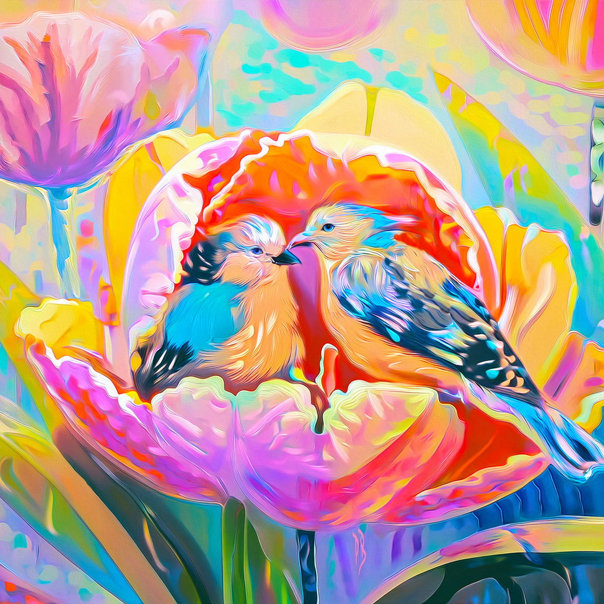 Two Birds in a Tulip – Glossy Ceramic Art Tile