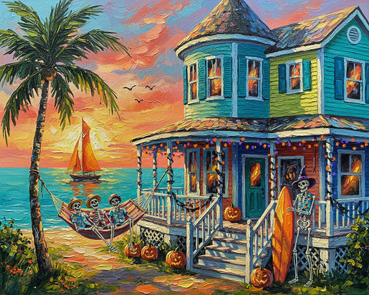 Key West Halloween Skeleton Beach Cottage Sunset | Canvas or Paper Art Print