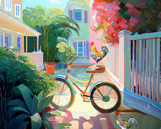 Key West Bicycle Courtyard with Roosters | Canvas or Paper Art Print