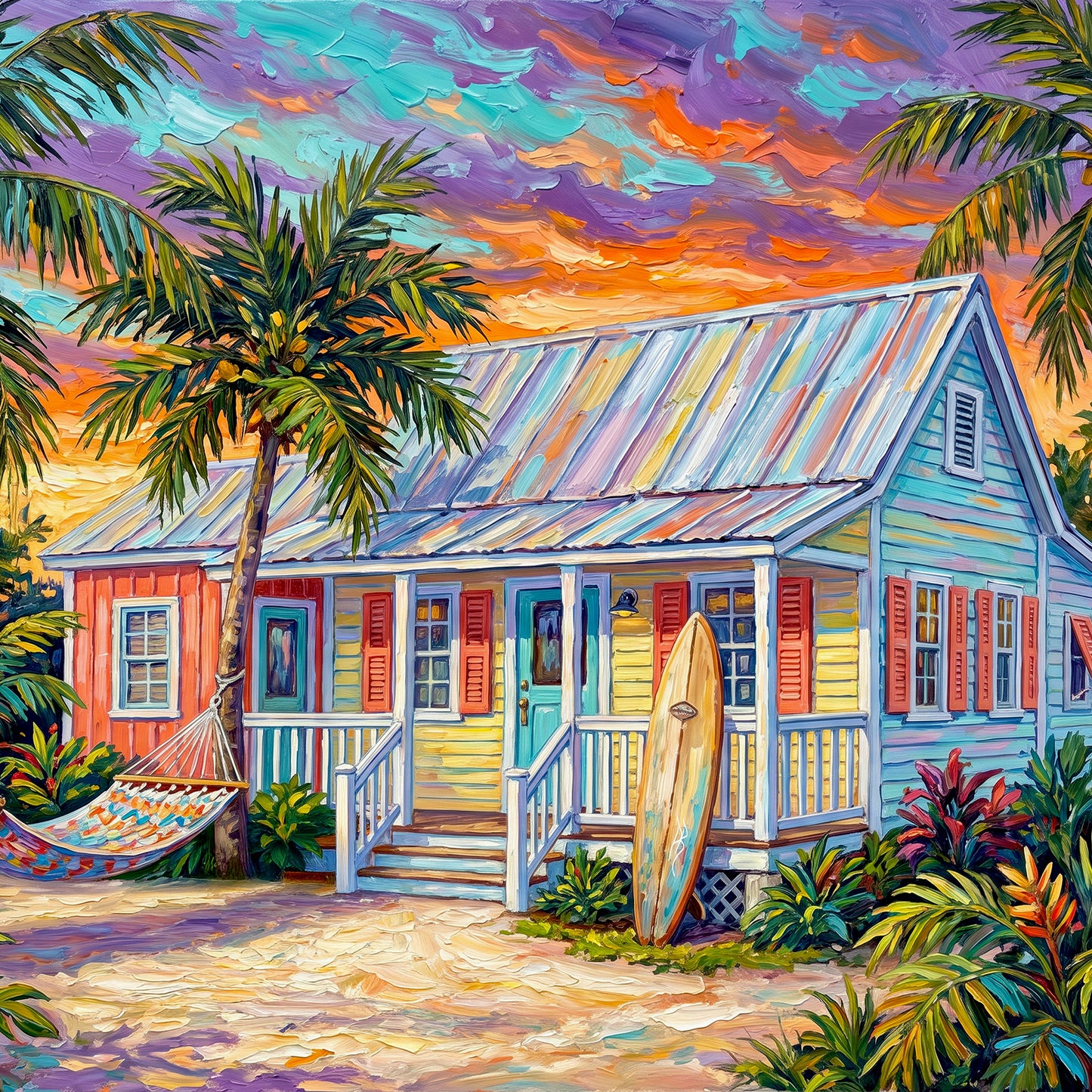 Key West Sunset Conch Cottage with Surfboard & Hammock Ceramic Art Tile