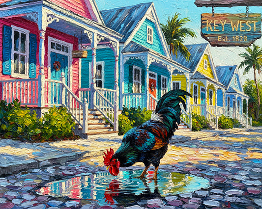 Key West Rooster on Duval Street | Colorful Conch Cottages Art Print