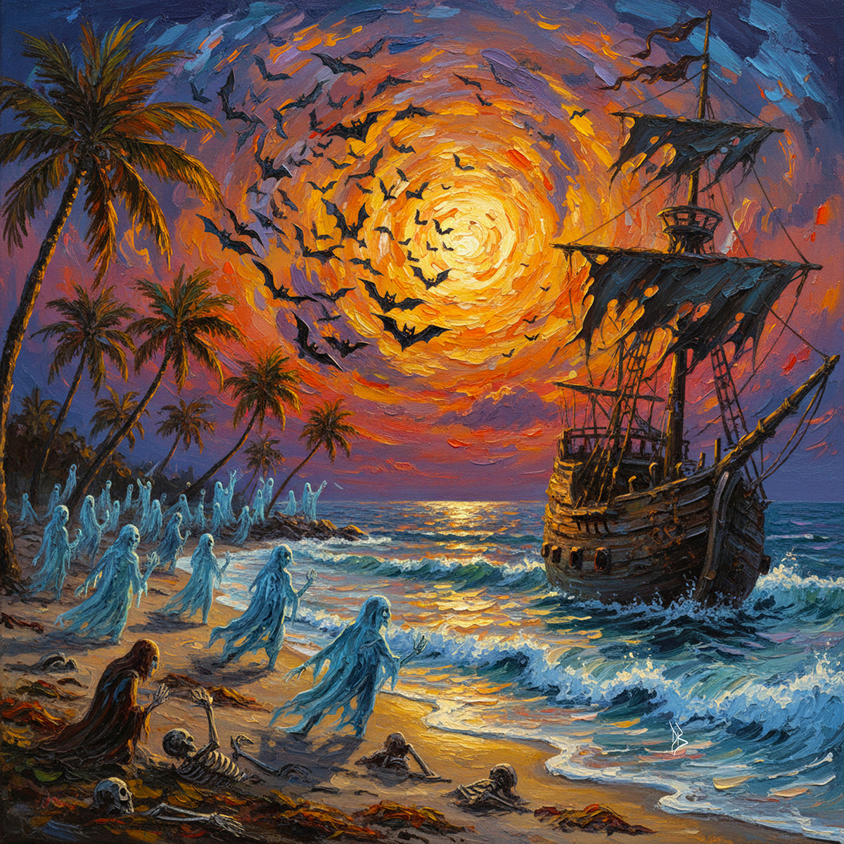 Florida Keys Halloween Beach Ceramic Art Tile | Ghost Ship & Haunted Shore