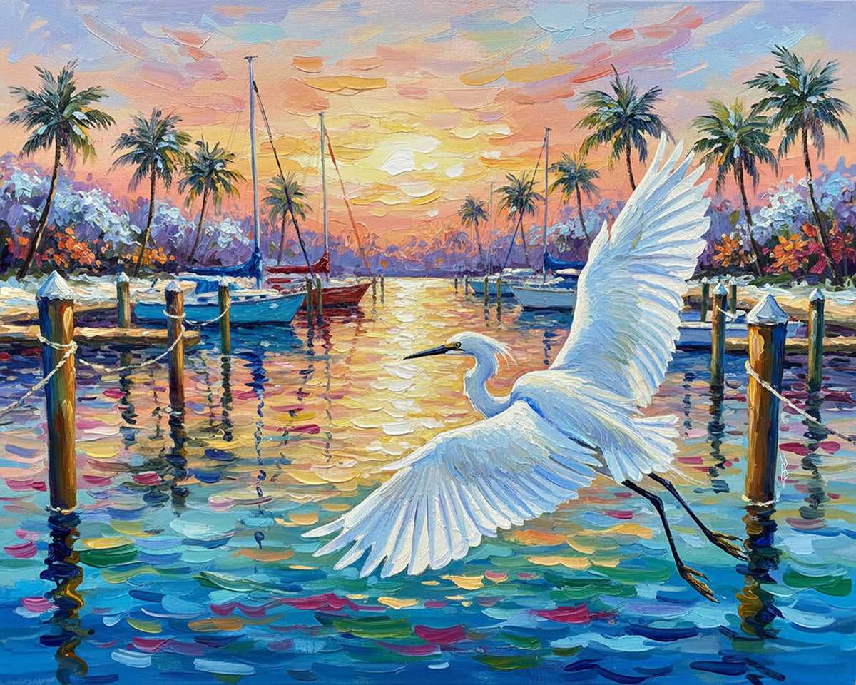 Great Egret Marina Sunset Fine Art Print | Florida Coastal Wildlife Art | Canvas or Paper