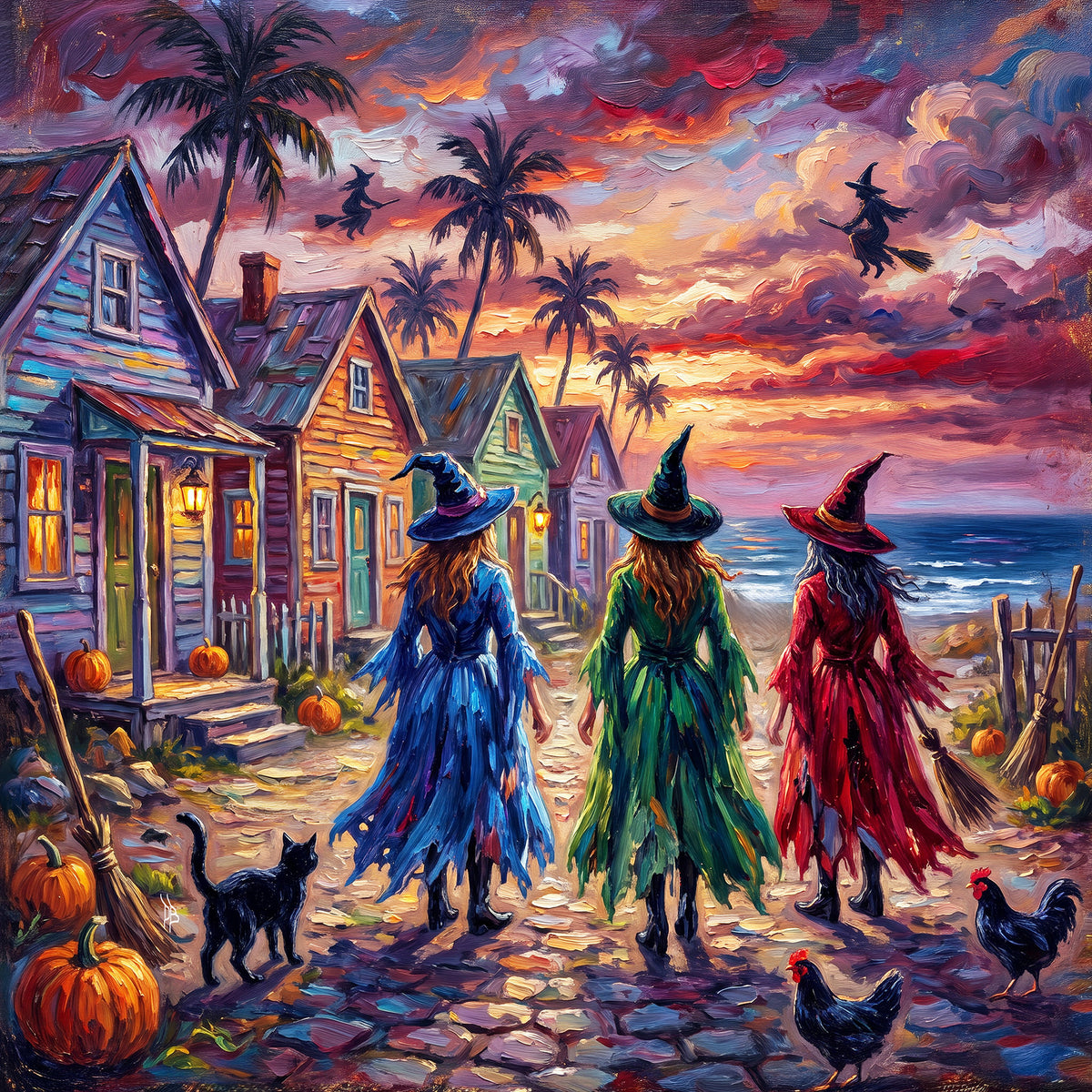 Key West Halloween Witches Stroll Ceramic Art Tile | Conch Houses & Flying Witches