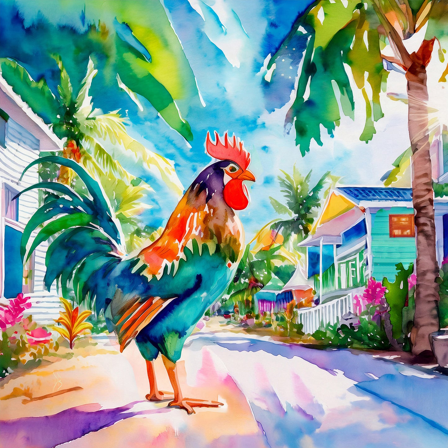 Key West Rooster Strutting Through Paradise Watercolor Ceramic Art Tile