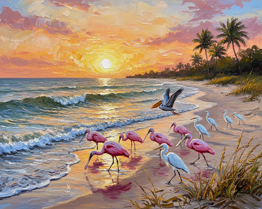 Roseate Spoonbills & Egrets Beach Sunset Fine Art Print | Florida Wildlife Art | Canvas or Paper