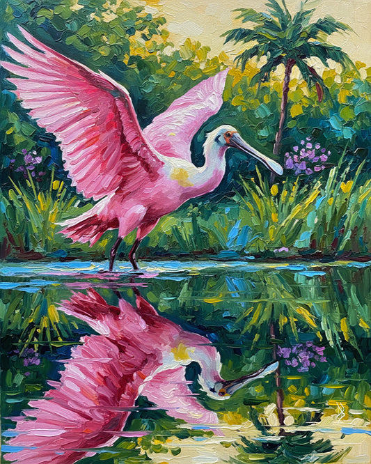 Roseate Spoonbill with Wings Spread in a Tropical Lagoon | Canvas or Paper Art Print