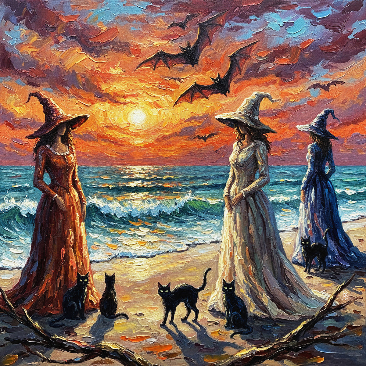 Three Witches by the Sea at Sunset | Canvas or Paper Art Print