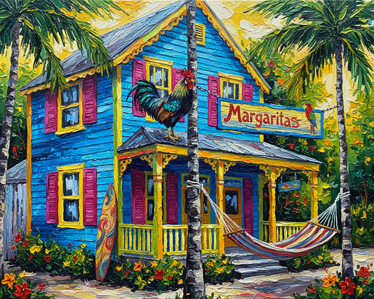 Margaritas Key West Conch House with Rooster & Hammock | Canvas or Paper Art Print