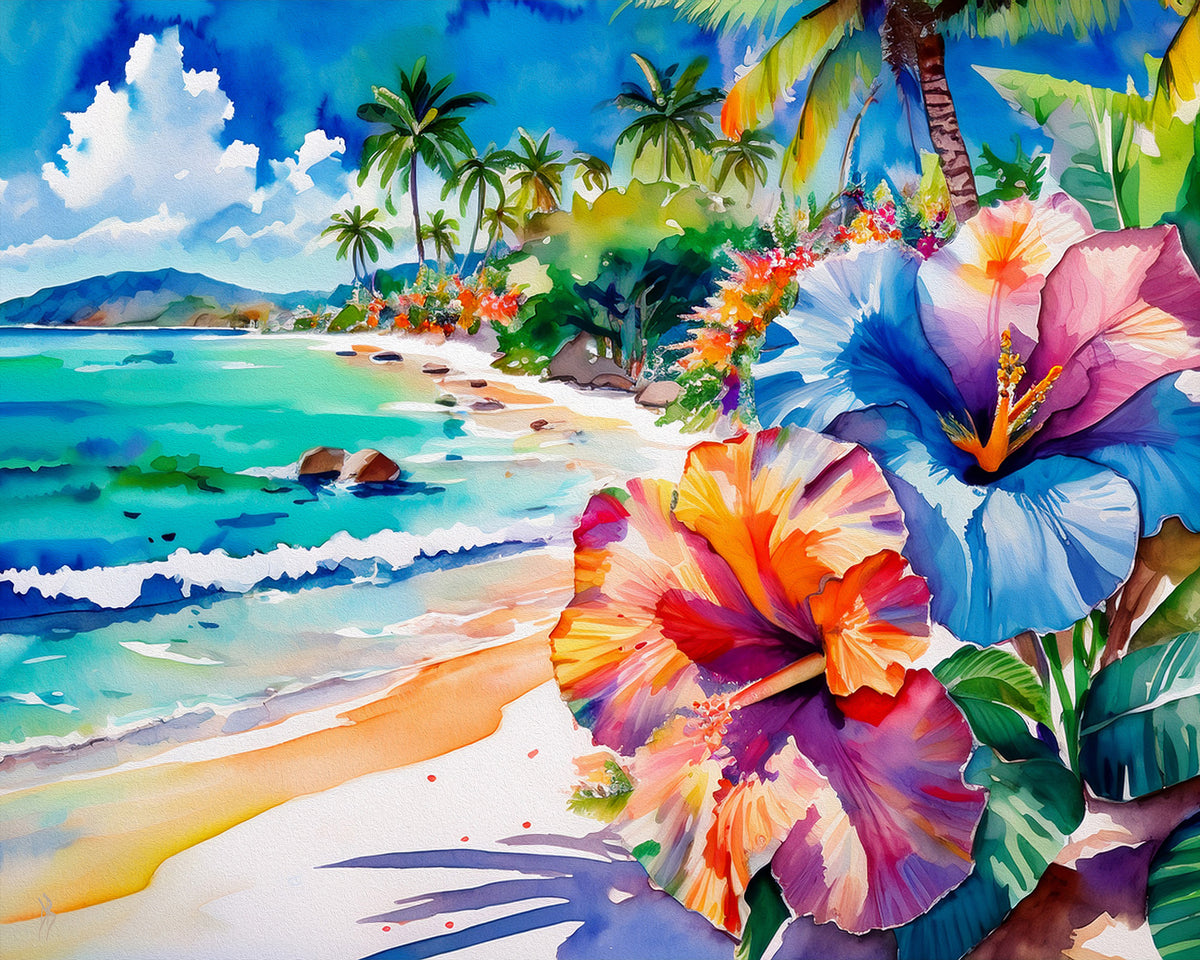 Beach, Palm Trees and Hibiscus, Vibrant Print: Canvas or Paper