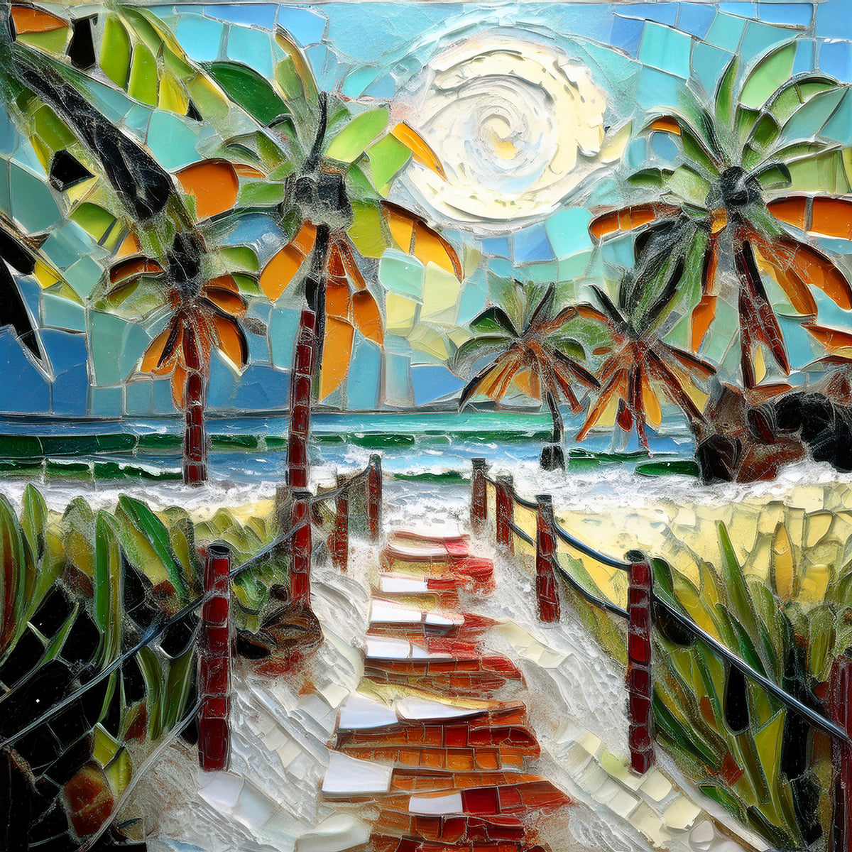 Beach Path to the Sea – Mosaic Look Palm Tile | Glossy Ceramic Art Tile
